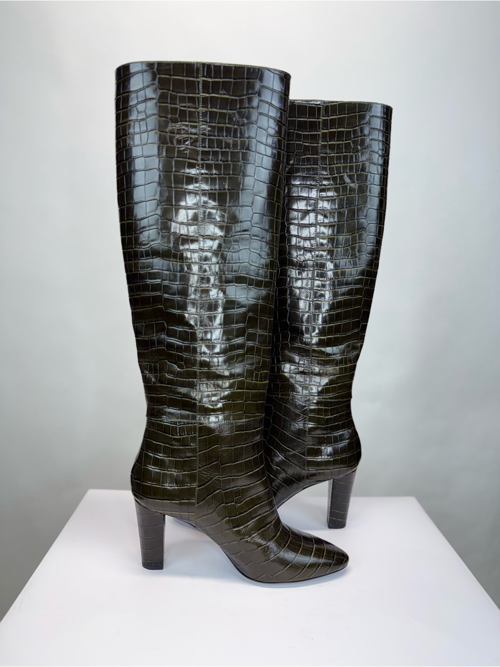 New Longchamp Croc Embossed Leather Knee High Boot Khaki Sz 10 - Picture 13 of 16